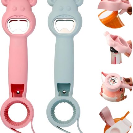 2PCS 4 in 1 Multi Function Can Opener Bottle，Bottle Opener To Protect The Nail Use for People，Cute Bear Bottle Opener (Pink and Grey)