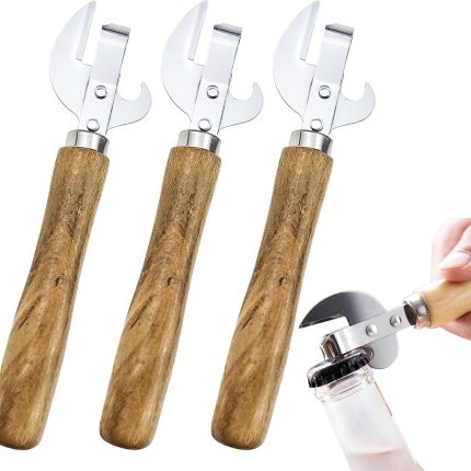 3 PACK Stainless Steel Kitchen Utensil Multifunctional Lid Remov with Wood Handle Bottle Punch Can Opener for Camping and Traveling